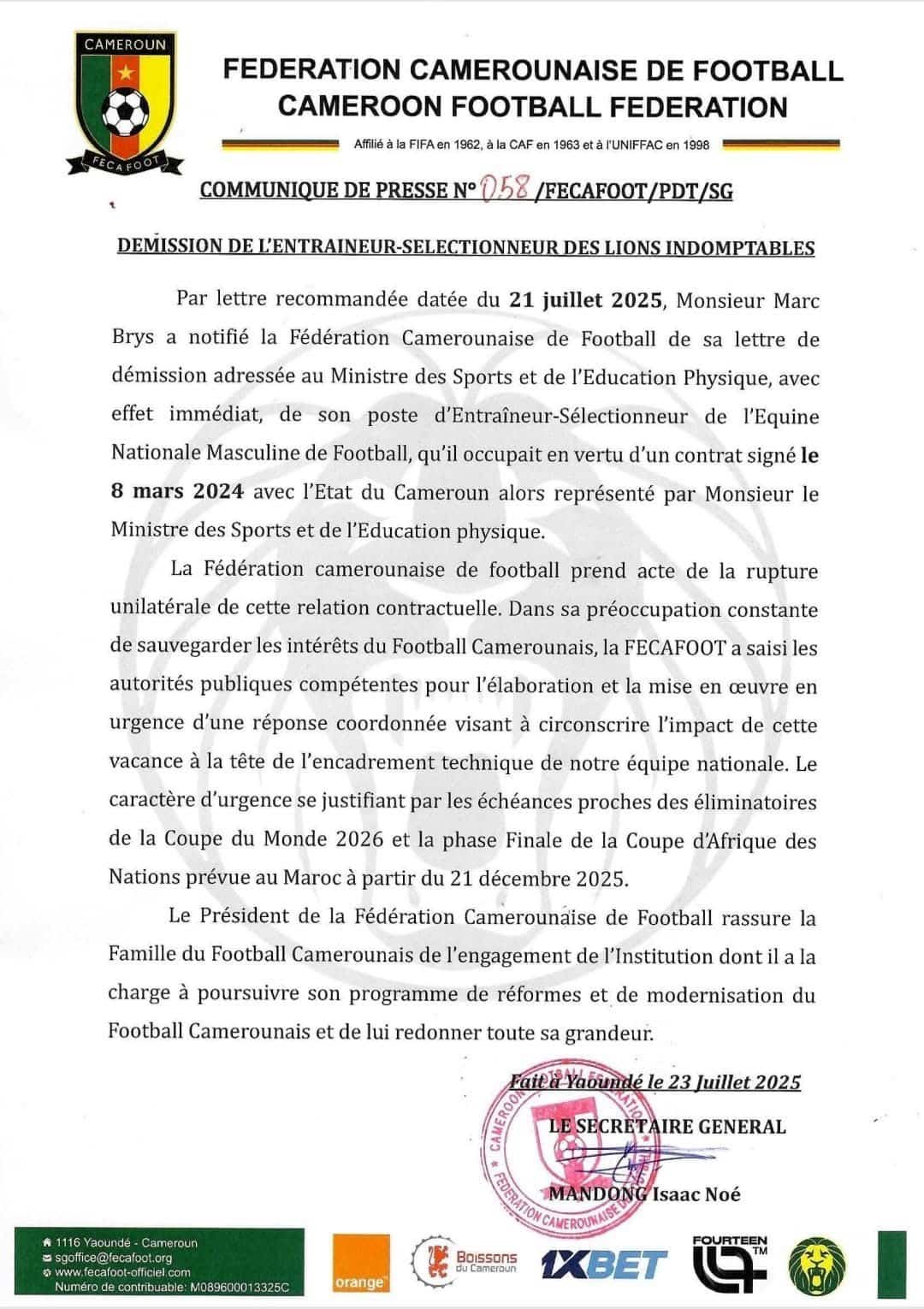 Démission Marc Brys